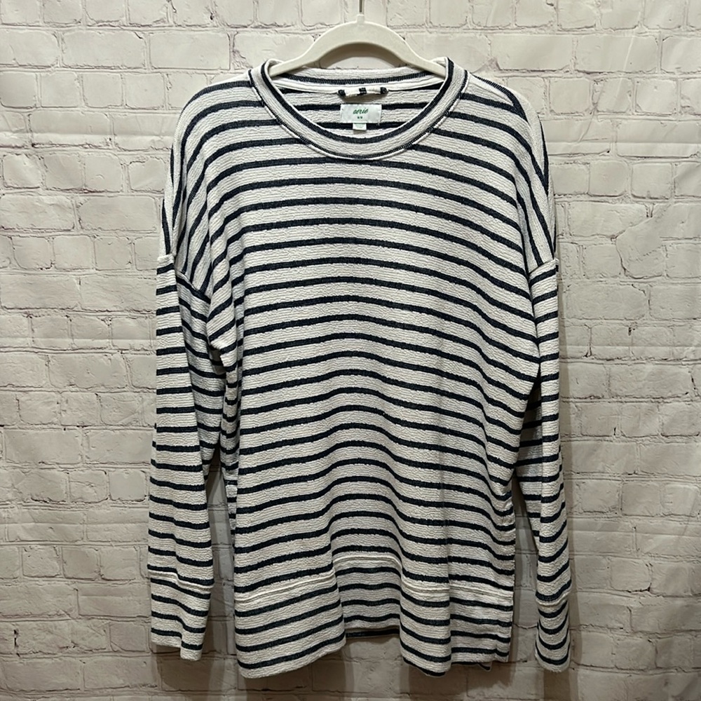Aerie Oversized White and Blue Stripe Tunic/Sweater